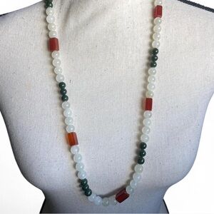 Agate and Quartz Gemstone Beaded Necklace Orange, Green, White